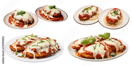Collection of chicken parmesan isolated on a white background as transparent PNG