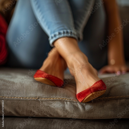 Tagged human health, leg pain, concept, close-up of young woman's leg, massaging sore feet, sore feet, girl suffers on couch, couch at home, discomfort sore feet, sore from long walking, sore feet fro