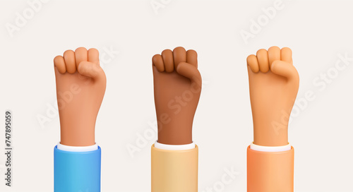 Human rights protection, protests, international strike, uprising, honest work. 3d vector cartoon Human hands in business suits of different nations and races on a white background. Design elements.