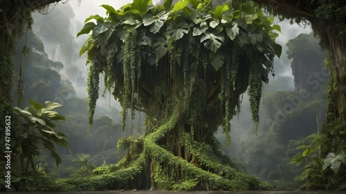 A vibrant and diverse jungle scene, with a winding grape ivy plant cascading down from a towering Javanese treebine, its leaves a deep shade of green, creating a visually stunning and unique image. photo