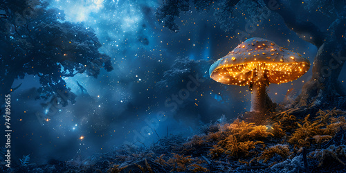 Glowing mushroom in the digital dark blue forest with bokeh sky background Ai Generative
 photo