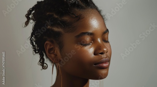 The portrait of an African American skincare model. Concept of beauty spa treatments. Young girl posing with closed eyes on a grey background.