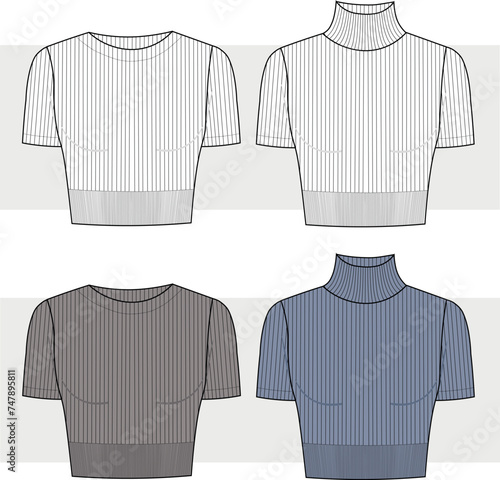 Ribbed cropped cotton-jersey t-shirt technical fashion illustration with scoop neck, short sleeves, close fit. Cropped turtleneck ribbed-knit sweater technical fashion illustration with short sleeves.