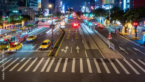 Timelapse view of rush hour traffic on busy intersection in Taipei, Asia  photo