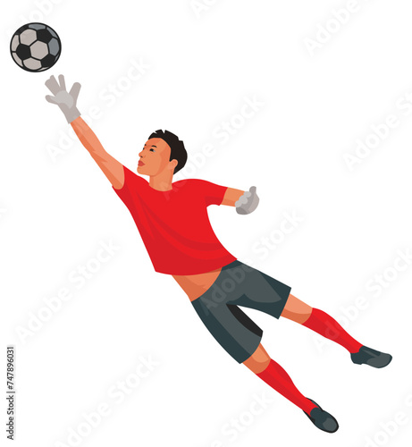 Asian boy figure of a junior football goalkeeper in red sports t-shirt kicks the ball with his foot