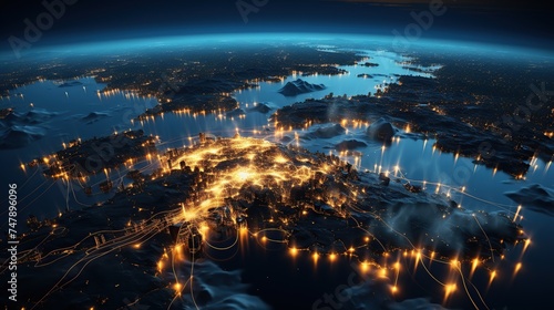 Futuristic technology background with world map and glowing lights. #747896096