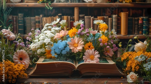 A personalized photo album filled with cherished memories, surrounded by delicate flowers photo