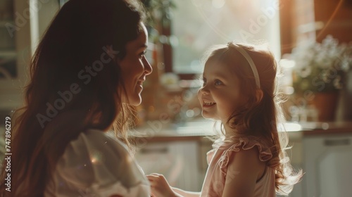 Beautiful little girl greeting her mother in the middle of the day. Mother's Day concept. photo