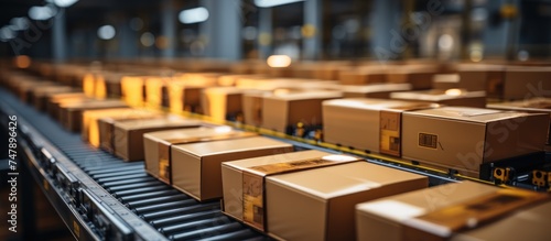 Boxes on conveyor belt in warehouse. Conveyor belt in warehouse. © nahij