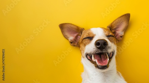 An energetic Jack Russell Terrier with oversized ears and beaming smile lounges on a sunny yellow background. © Zaleman