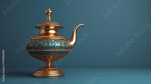 Fairy tales and wish fulfillment concept with a precious golden magic lamp on a blue background