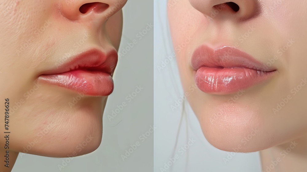 Comparison of women's lips before and after treatment with hyaluronic acid injections. Beauty lip treatment process. - obrazy, fototapety, plakaty 