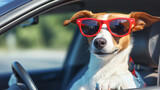 Dog driving a car on a highway wearing funny sunglasses.
