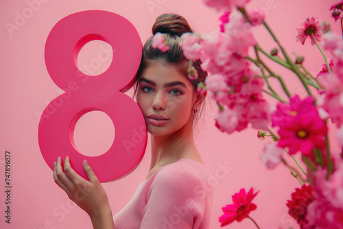 Beautiful young woman holding a large pink number 8 surrounded by pink flowers. Pink background, international women's day, eighth of March, copy space photo