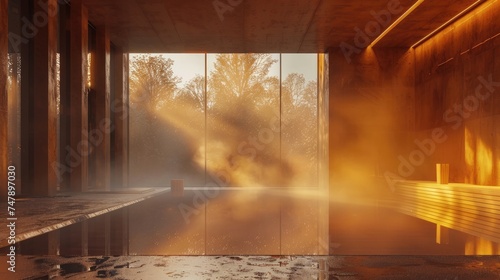 Hot steaming sauna in a spa. Relaxation place for relaxation and detoxification. Generative AI photo