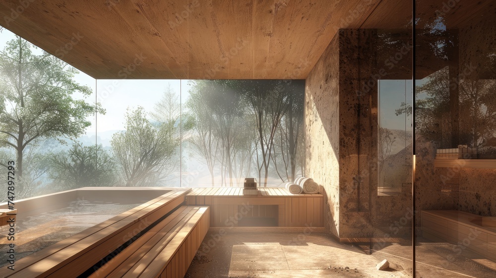 Hot steaming sauna in a spa. Relaxation place for relaxation and detoxification. Generative AI Hot steaming sauna in a spa. Relaxation place for relaxation and detoxification. Generative AI