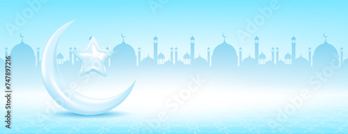 white and blue islamic background with 3d crescent, stars and mosque silhouette. vector illustration