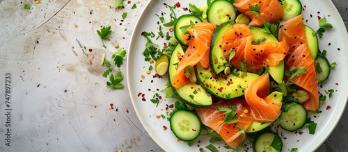 A white plate is filled with slices of fresh cucumber and vibrant pink smoked salmon, creating a colorful and nutritious salad.