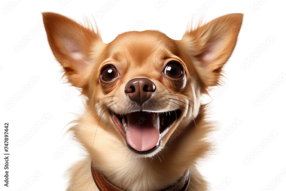 Obraz premium A small, happy dog wearing a leather collar is shown smiling in this candid shot. The dogs joyful expression is evident as it looks directly at the camera.