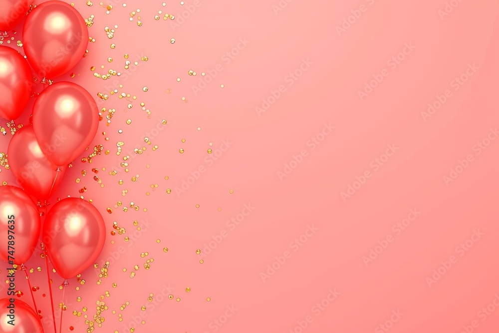 Fototapeta premium Balloons with confetti. Background template design with helium balloons for Party for Birthday and anniversary celebration, carnival. weddings and valentine's day and international women's day