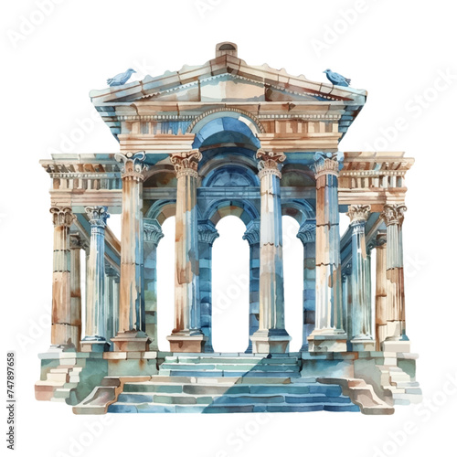 Basilica of the Goddess Artemis, watercolor on white background.