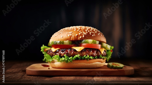 American burger on wood