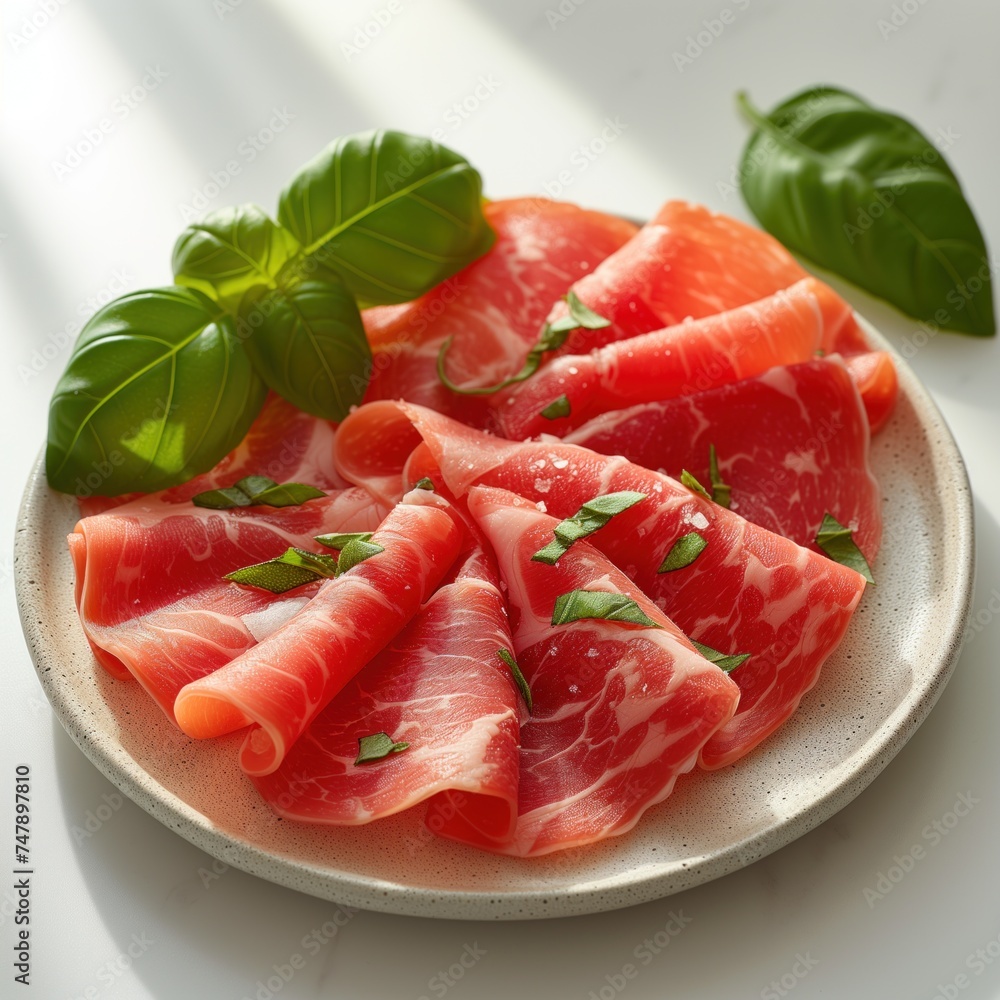 pieces of jamon with basil white background pieces of jamon with basil white background