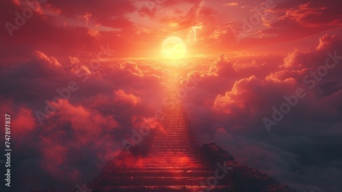 Ascending the staircase to the sky at sunrise - The Resurrection of Christ and Heaven's Entrance