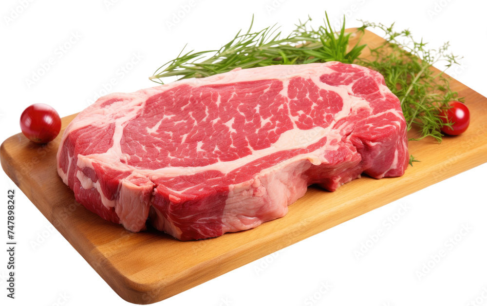A piece of raw meat, likely steak, is placed on a wooden cutting board. The meat is uncooked and ready to be prepared for cooking.