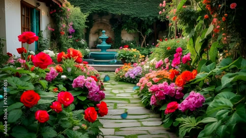 Spring landscape with red and pink flowers, dancing butterflies, in front of the house Seamless looping 4k time-lapse animation video background Spring landscape with red and pink flowers, dancing butterflies, in front of the house Seamless looping 4k time-lapse animation video background