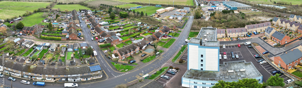 High Angle Ultra Wide Panoramic View of Arseley Town of England UK. The Footage Was Captured During Cloudy and Rainy Day of Feb 28th, 2024