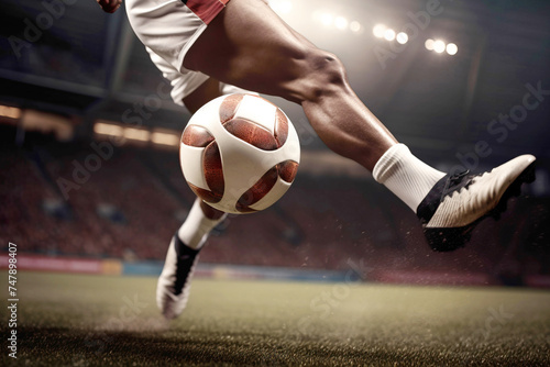 foot of football player hits ball in game, background is football stadium stadium. © Serhii