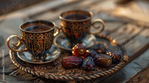 Arabic coffee cups accompanied by a bowl filled with dates