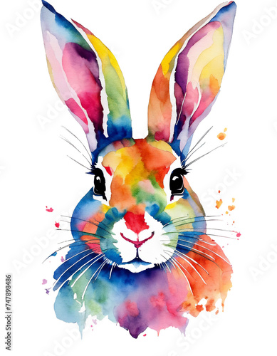  high quality, logo style, Watercolor, powerful colorful rabbit face logo facing forward, white background