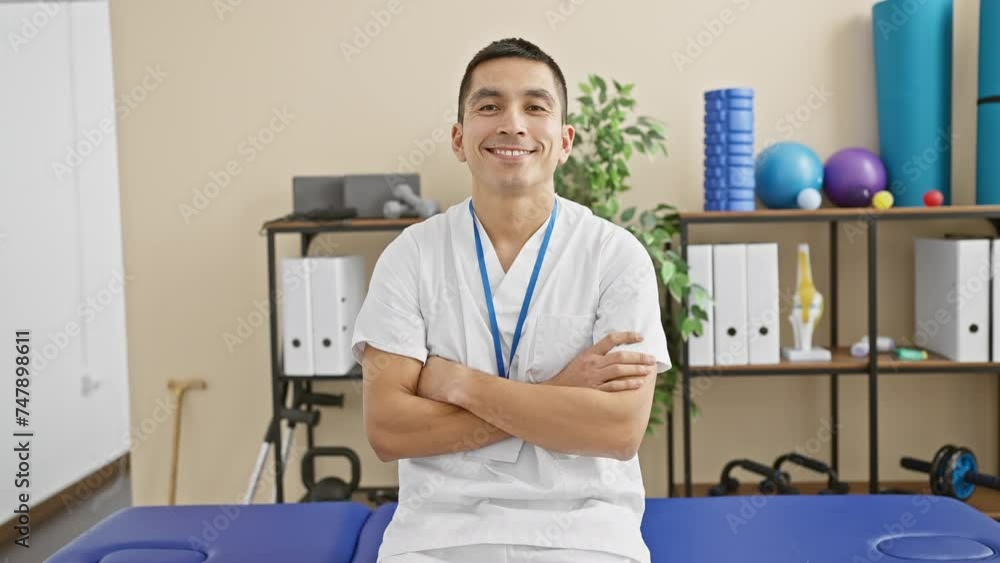 Smiling hispanic male therapist standing confidently in a rehab clinic room with medical equipment in the background. Smiling hispanic male therapist standing confidently in a rehab clinic room with medical equipment in the background.