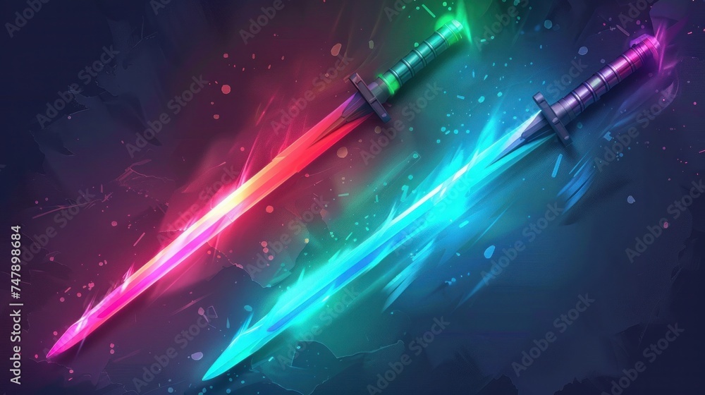 Vector illustration of futuristic swords emitting blue, green, red, and purple light reminiscent of weaponry Vector illustration of futuristic swords emitting blue, green, red, and purple light reminiscent of weaponry