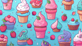 Assorted Cupcakes With Various Toppings on Blue Background. Generative AI