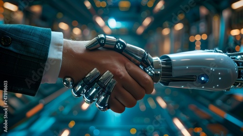 Shaking hands with a digital partner in front of a futuristic background. Artificial intelligence and machine learning process for the fourth industrial revolution. photo
