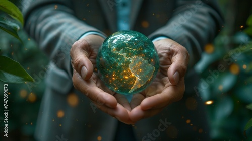 An LCA-life cycle assessment concept with a businessman holding a green ball with an LCA icon. An environmental impact assessment related to product value chains. Business value chains and growing photo