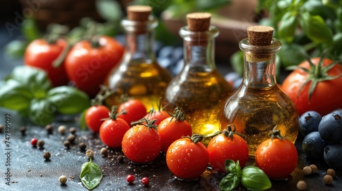 fresh tomatoes with basil and bottle of oil