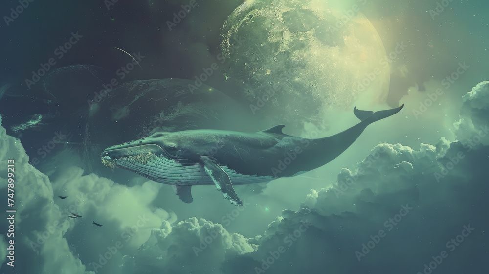 Fototapeta premium whale on the sky, with cloud and moon, fantasy world 