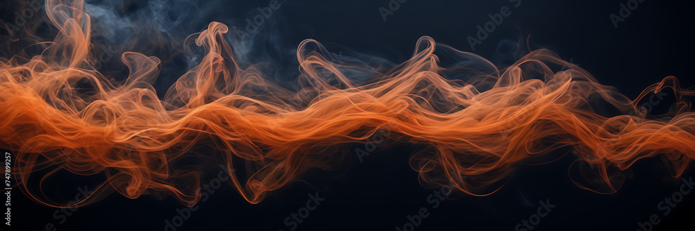 Close-up image revealing the intricate dance of smoke tendrils in hues of tangerine and mahogany against a canvas of midnight blue. - obrazy, fototapety, plakaty 