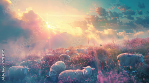 sunrise over field, sheep and cloud, pastel © wai