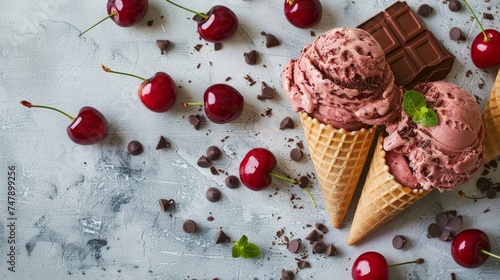 Delicious chocolate ice cream cones with fresh cherries and chocolate chips