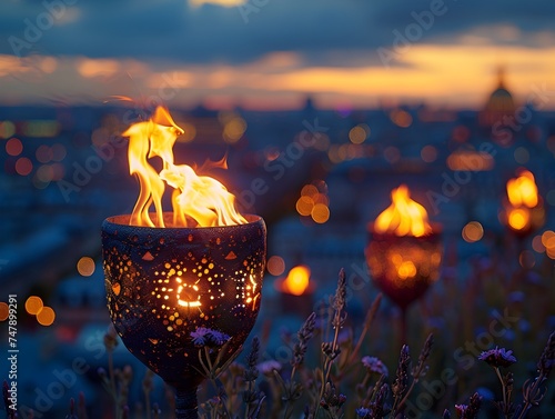 Tilt-Shift Cityscape with Burning Candle and Flames