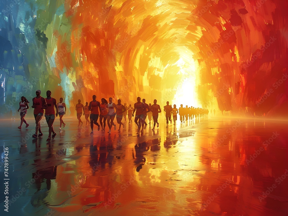 People Running Through Vibrant Expressionistic Tunnel Illustration People Running Through Vibrant Expressionistic Tunnel Illustration
