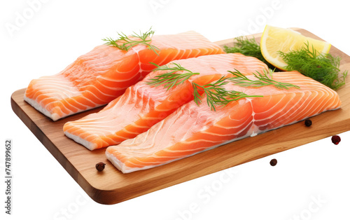 A raw salmon fillet is neatly arranged on a wooden cutting board, surrounded by slices of lemon and sprigs of dill. The salmon appears fresh and ready to be prepared for cooking.