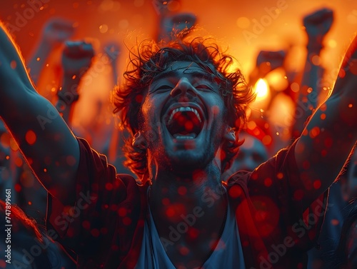 Man Celebrating at a Music Festival with Arms Raised
