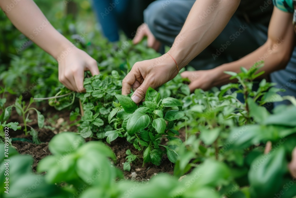 Community of people joyfully picking fresh herbs and veggies from a lush garden, embracing the farm-to-table spirit Community of people joyfully picking fresh herbs and veggies from a lush garden, embracing the farm-to-table spirit