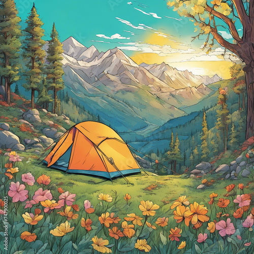 Camping in Spring Mountains. Cartoon landscape. Flowers in sunrize light